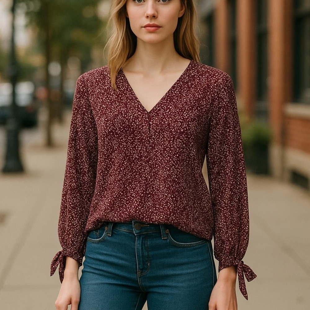 SHEIN Burgundy Speckled V-Neck Tie-Sleeve Blouse